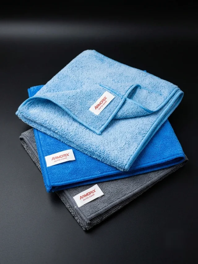 Armorix 400 GSM microfiber cloths in sky blue, blue and grey