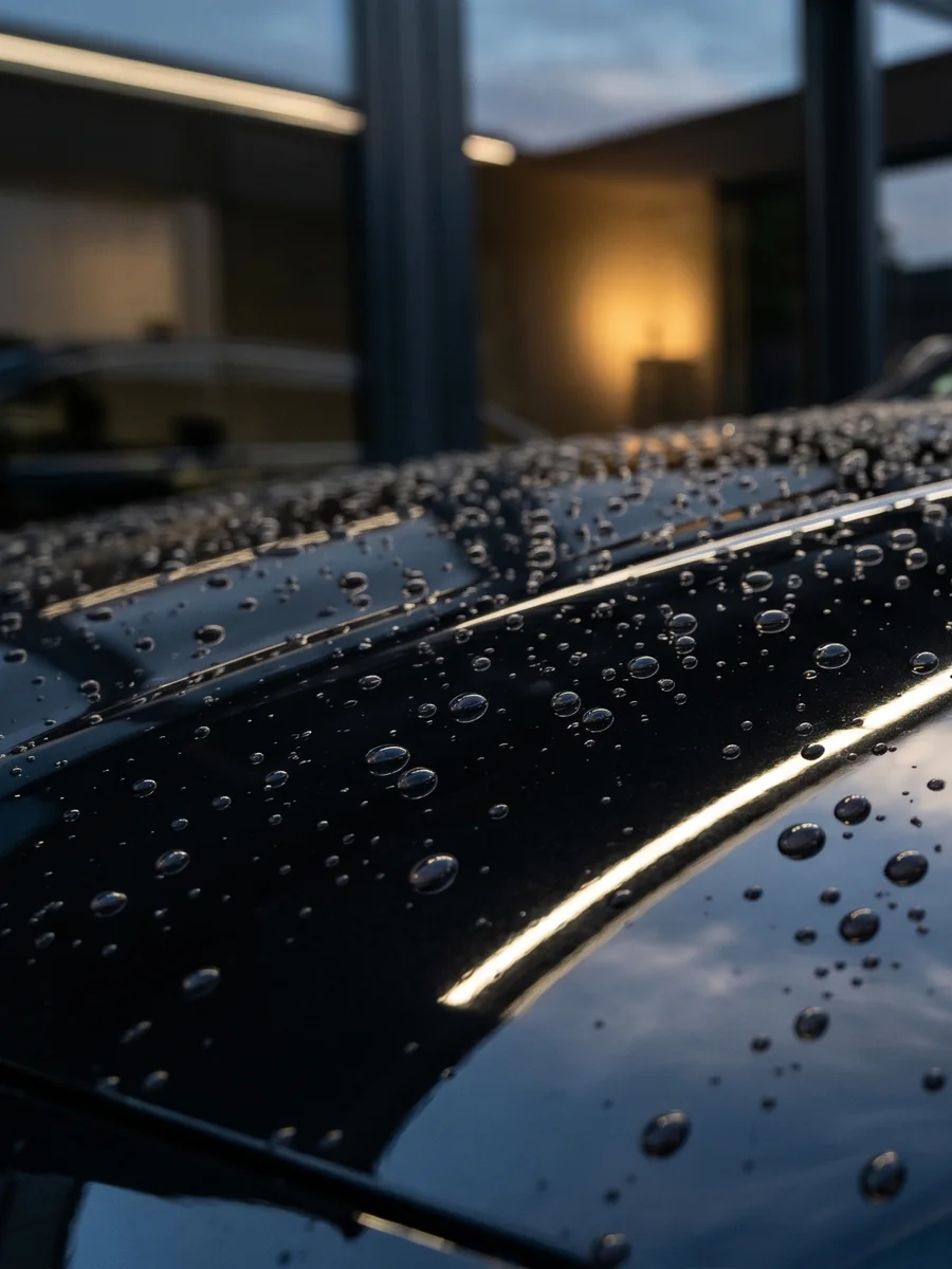 Water beading on a black car panel protected with Armorix polish
