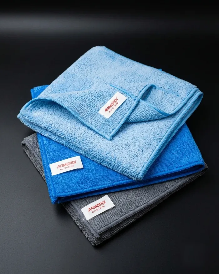 Armorix 400 GSM microfiber cloths in blue, sky blue and grey